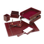 Forofis Desk Set. Brown Leather. Paper Holder, Letter Opener, Noteblock Holder, Pencil Cup, Desk Mat